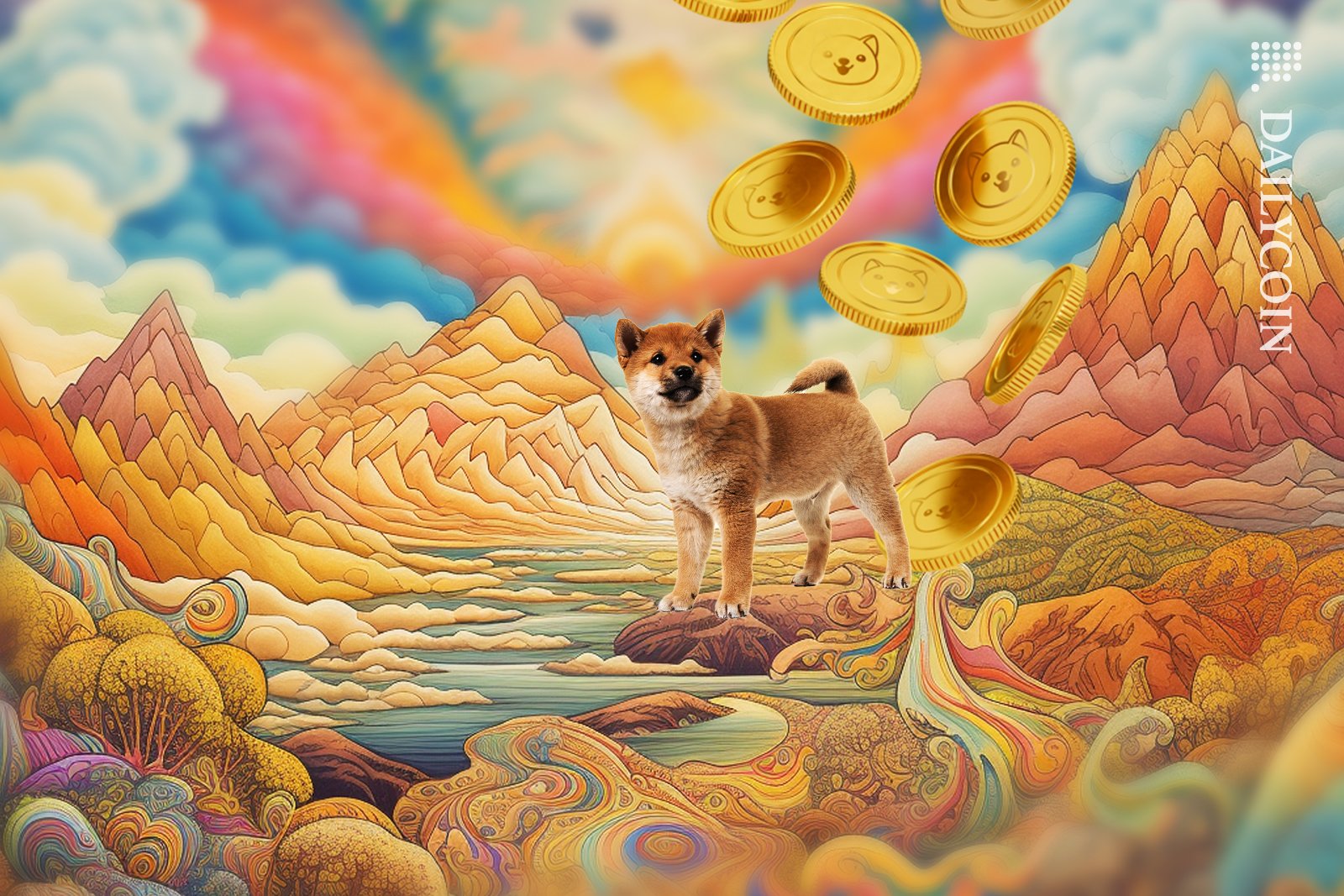 Baby Shiba Inu in trippy pyramid land surrounded by floating Baby Doge coins.