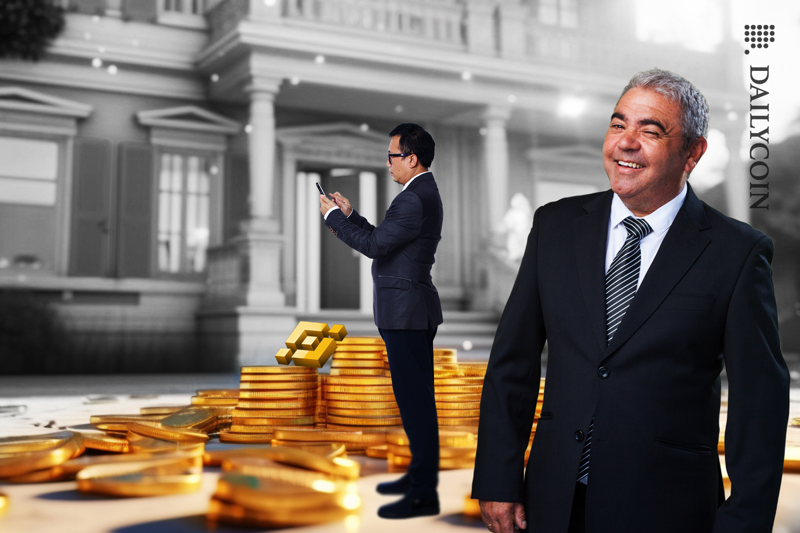Coins laying in front of a bank, a business man using his mobile. A banker facing forward winking.