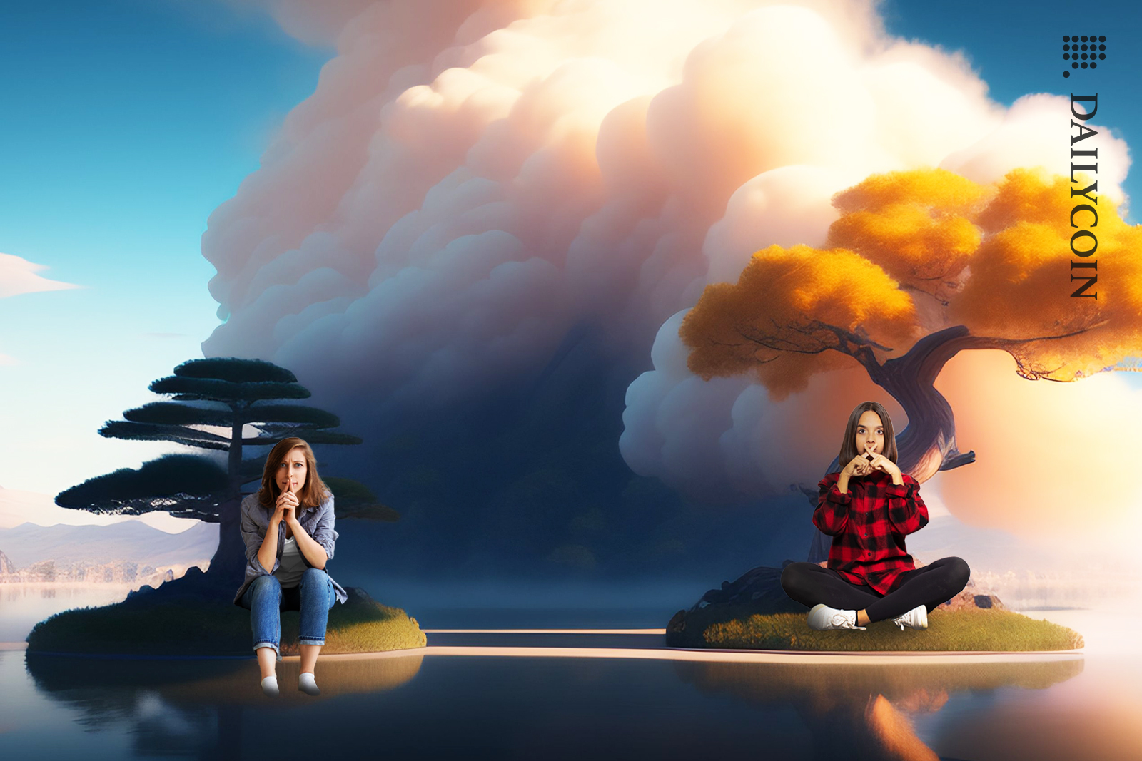 Two islands with trees on the right a bigger tree with yellow leaves and a girl sitting showing X with fingers by the mouth. Island on the left- Girl with feet in the water both fingers to the mouth. Smoke in the background.