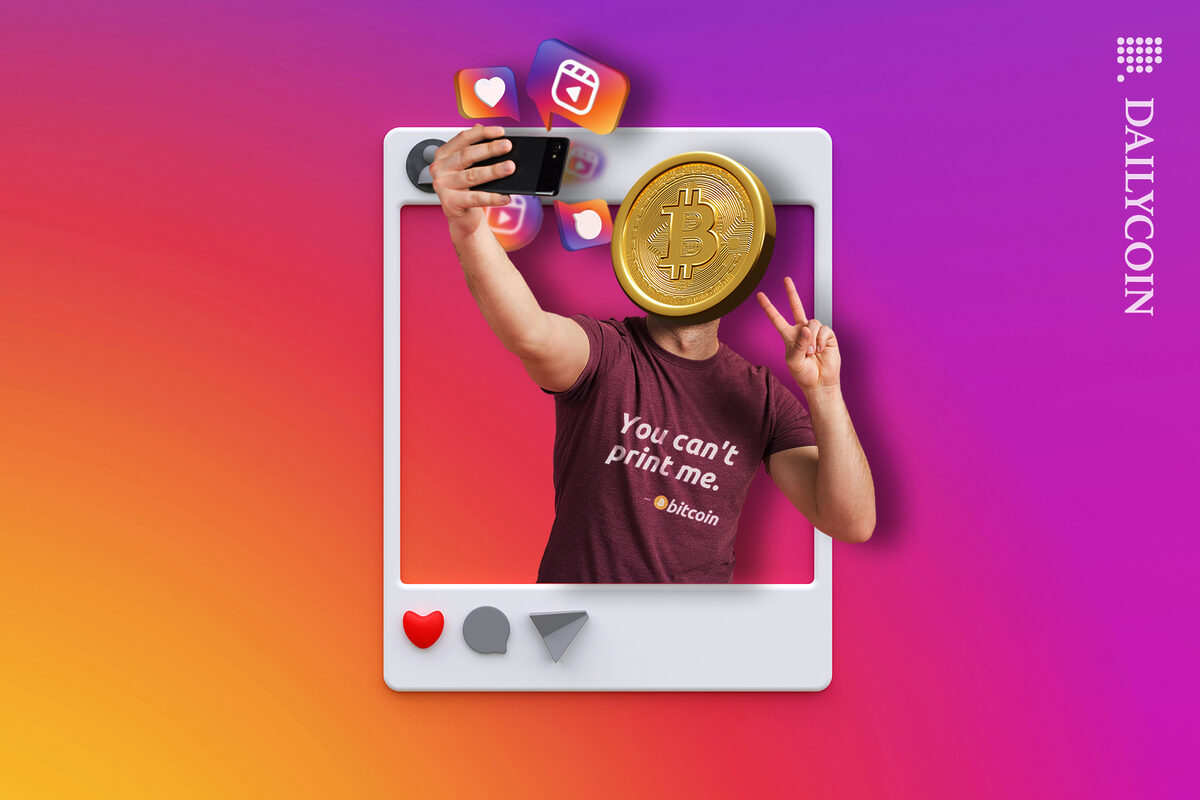 Instagram frame with a man popping out of it with Bitcoin coin head taking a selfie, showing peace sign.