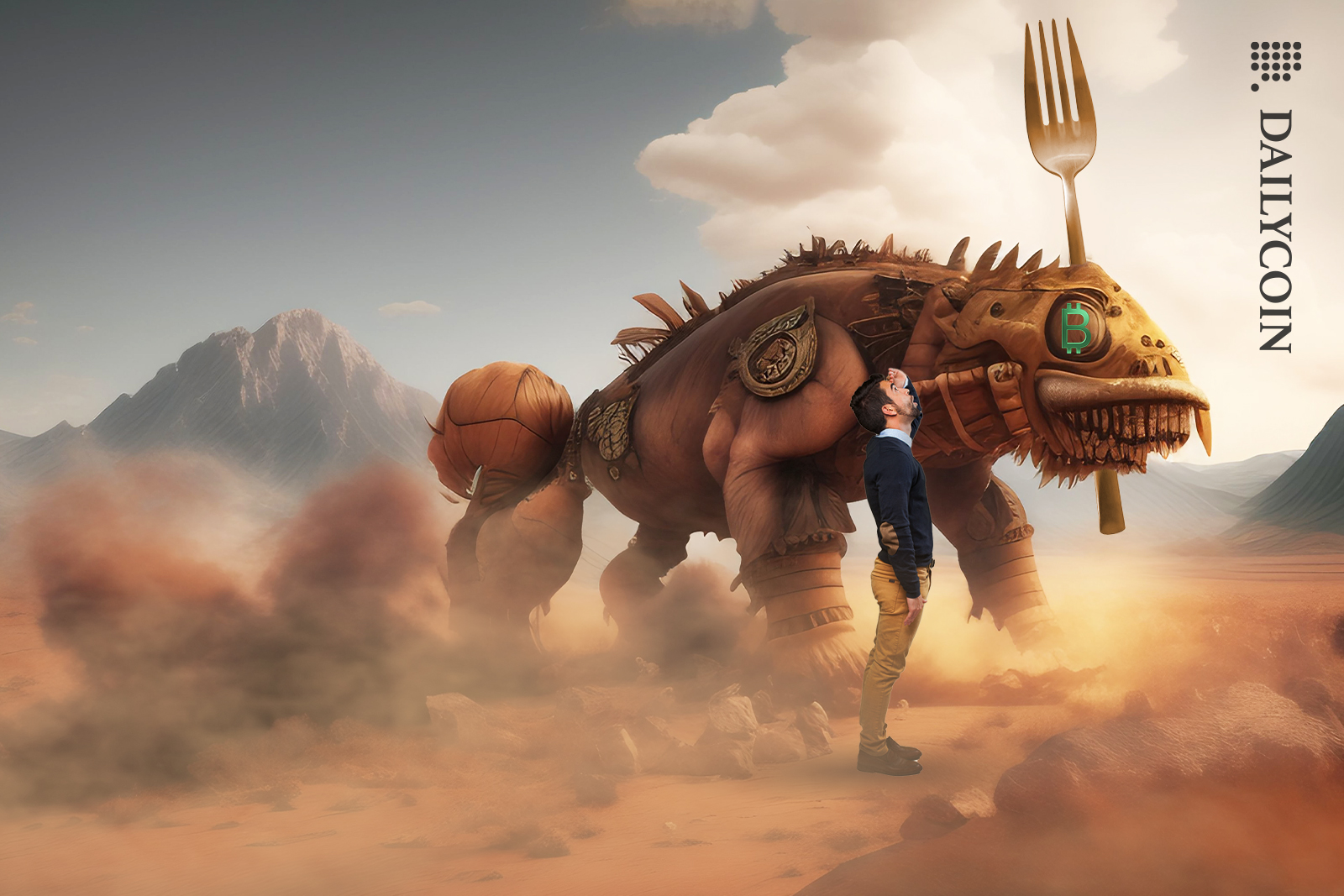 Man looking up at a big angry fork monster with Bitcoin eyes, in a desert land.