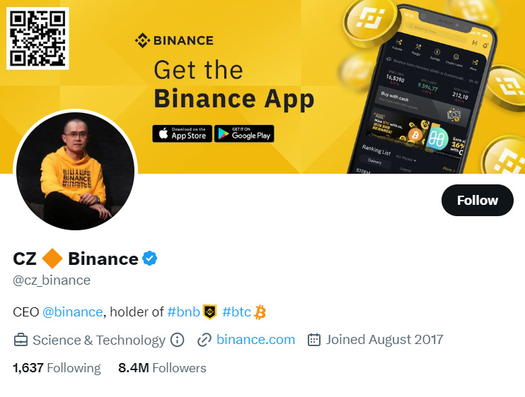 Crypto Twitter account CZ Binance.
