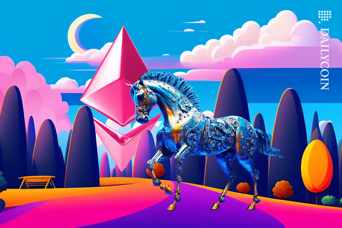 Metallic stallion in the middle of a magic land with pink Ethereum logo in the distance.