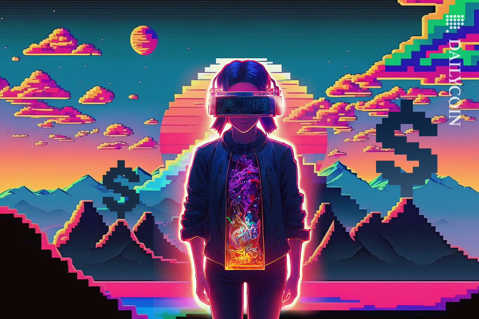 Cartoon girl with VR headset in a pixel land that has pixel dollars on mountains.