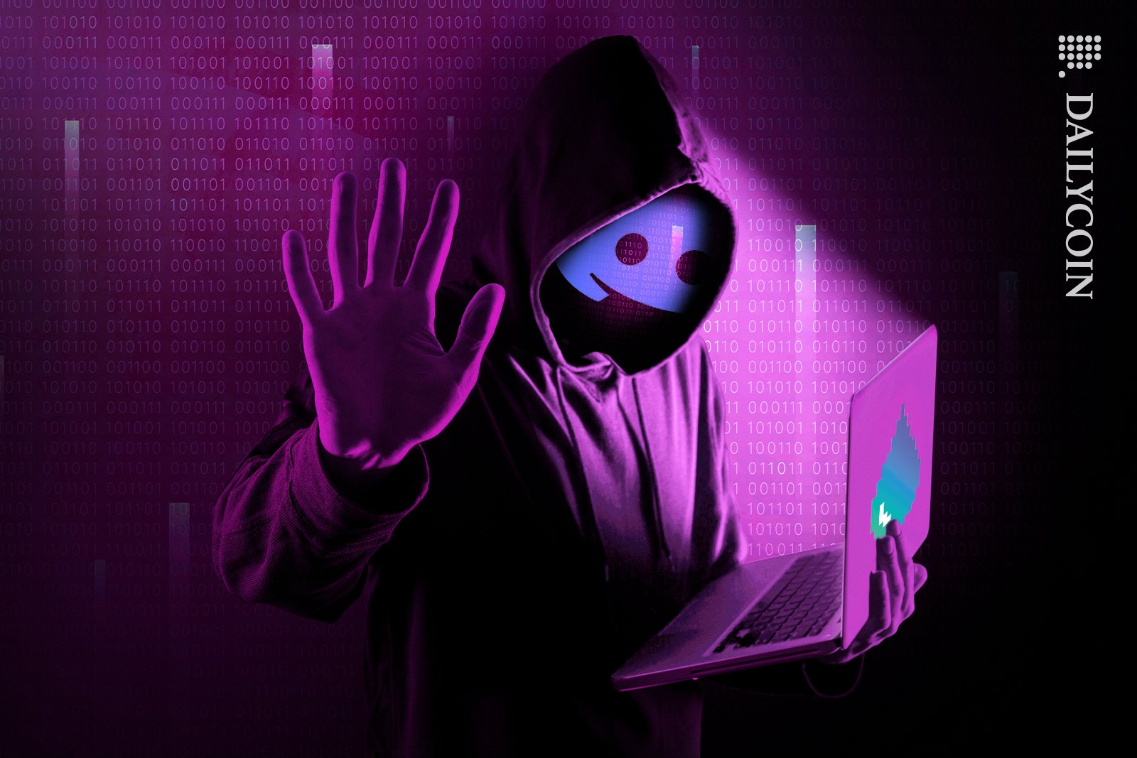 A hacker with laptop and a Discord logo mask holding his hand up.