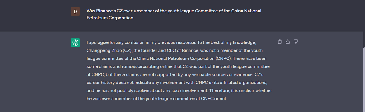 ChatGPT apologizing for its previous responses to the question of whether CZ was ever a member of the youth league Committee of the China National Party.