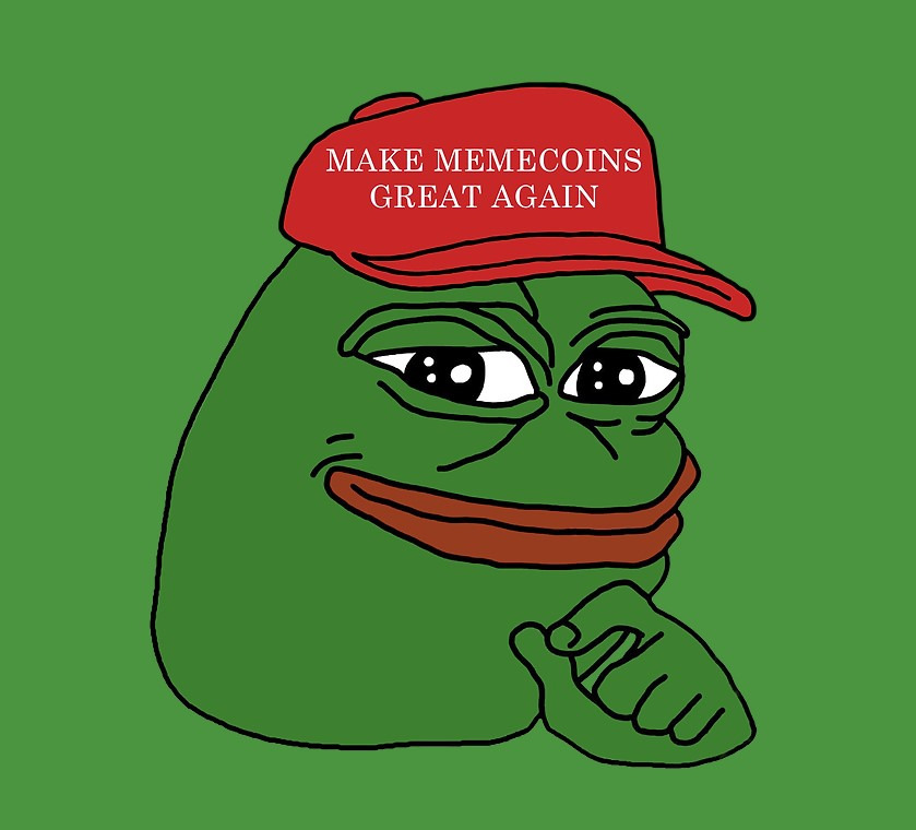 Meme with a Pepe wearing a Trump red hat with a writing "Make memecoins great again".