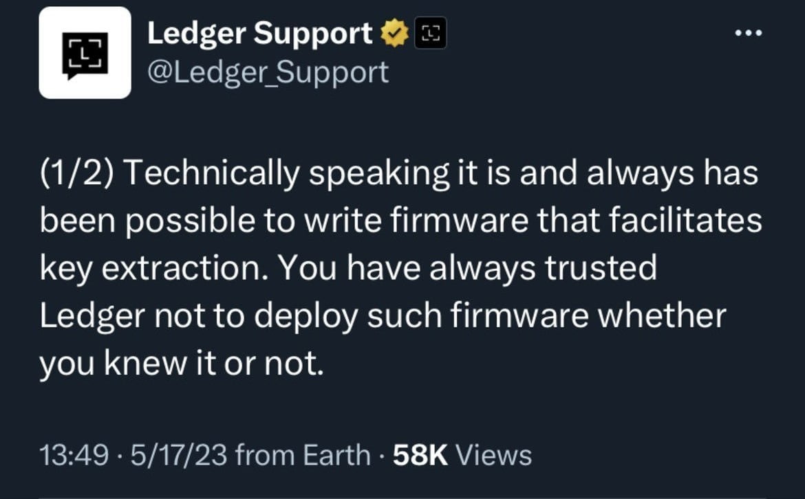 Ledger's deleted tweet asserting that it could always access customer seed phrases with a firmware update.