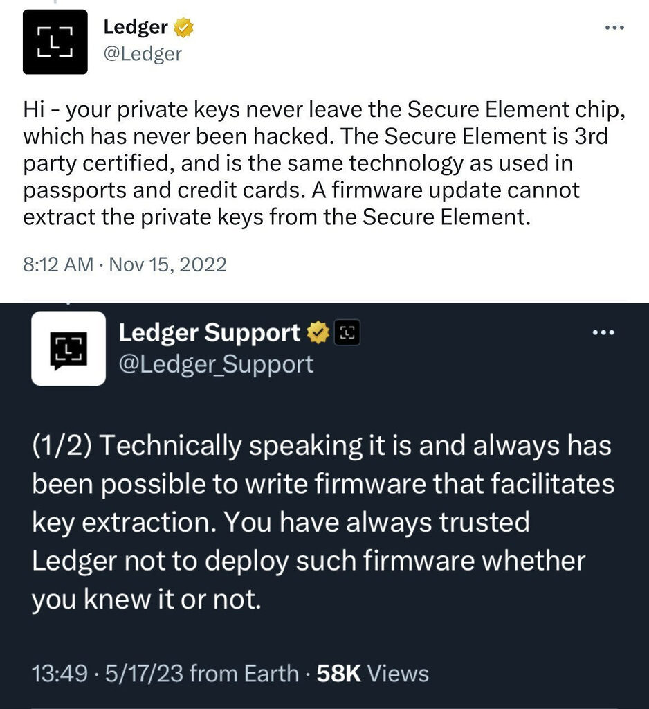 Ledger’s conflicting statements to customers.