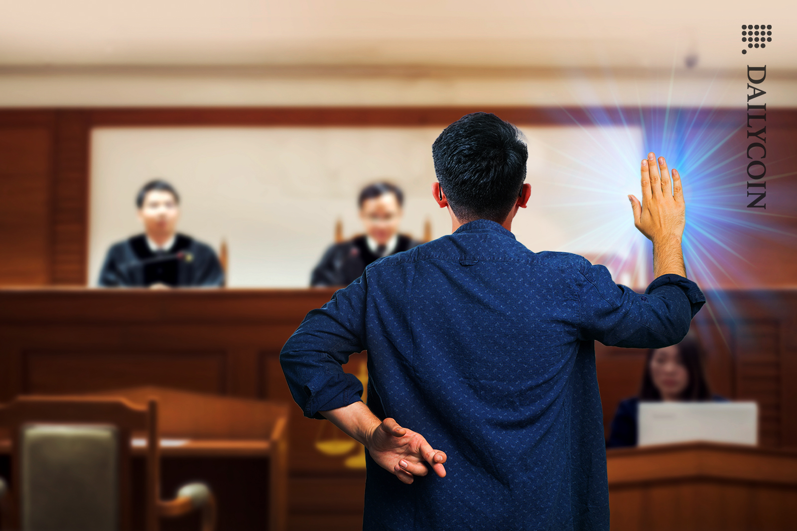 Man's backview in court pleading with one hand up, while the other one holding fingers crossed behind his back.