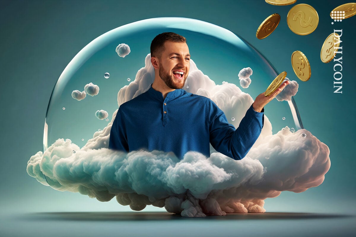 Happy man with his hand out coing flying of in the air. Man in in a cloud and bubble halo around him.