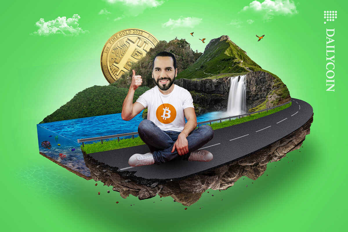 Nayib Bukele showing thumbs up and sitting on the edge of a floating El Salvador island with a rising Bitcoin sun.