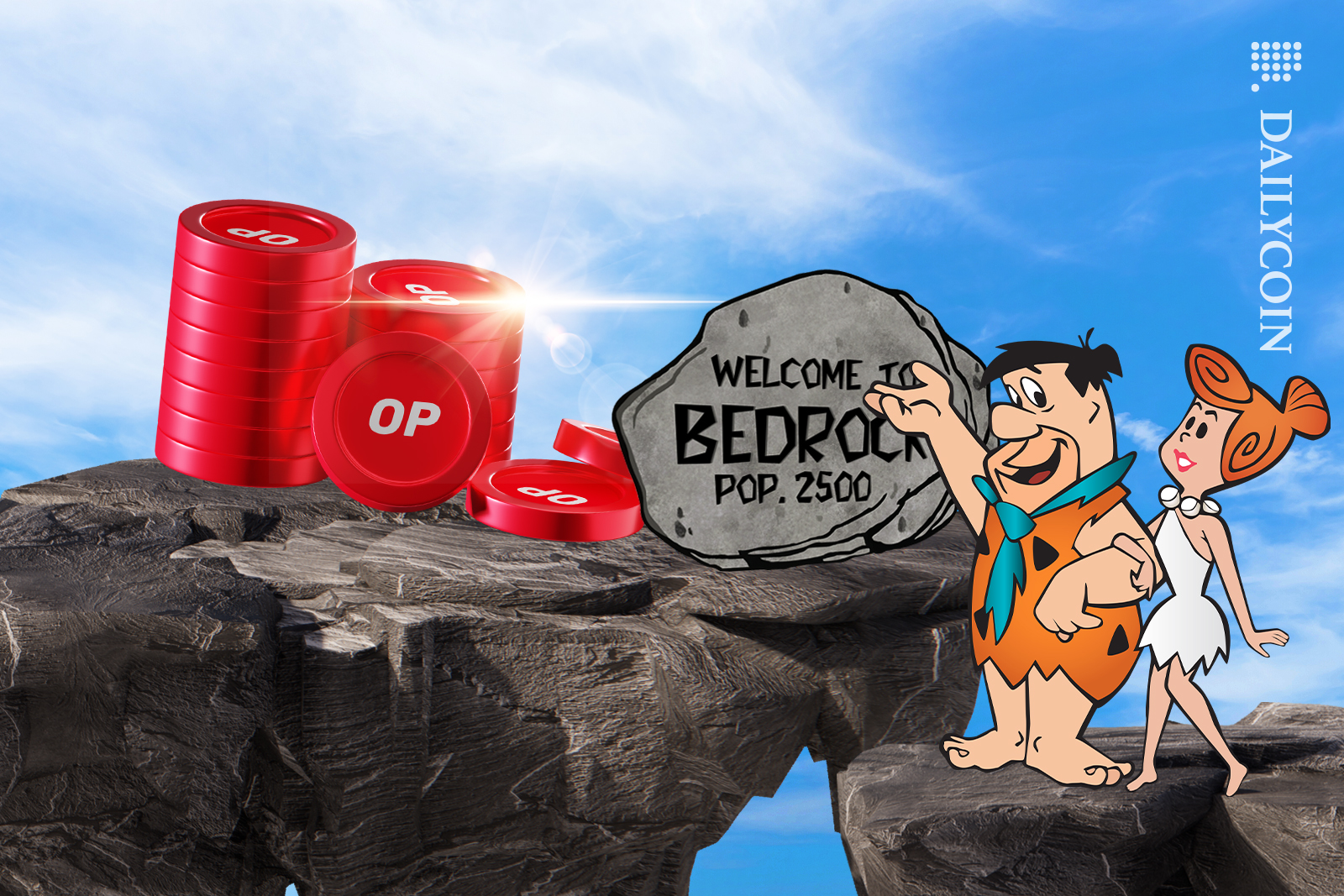 The Flintstones arriving on a rock which says ''Welcome to BEDROCK'' with Optimism (OP) coins.