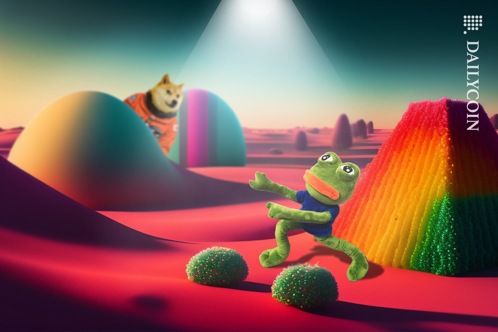 PEPE in candy land looking up to the light, Doge in a spacesuit behind a hill watching him.