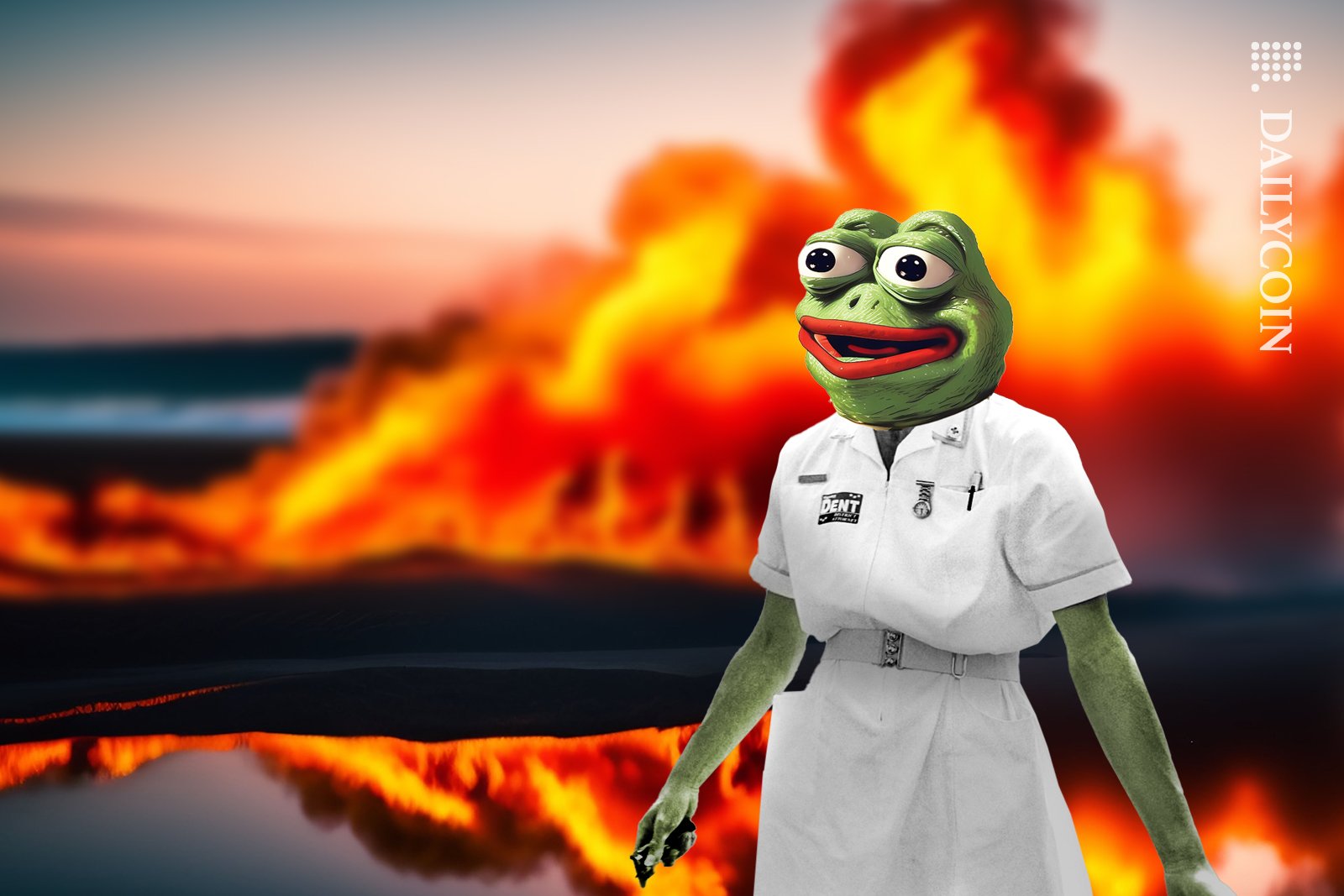 Pepe in Joker movie hospital scene outfit, and wild fire behind him.