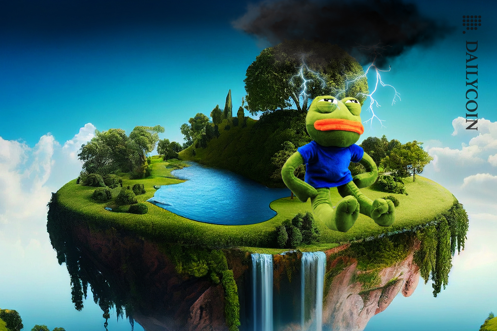 Pepe sitting on a floating island with a pond and looking up at the stormy cloud above him.