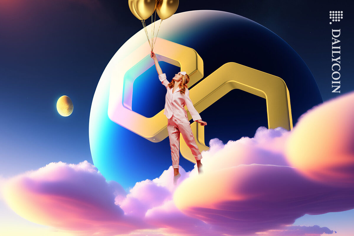 Woman standing on a cloud and holding gold balloons in front of a Polygon (MATIC) bubble.