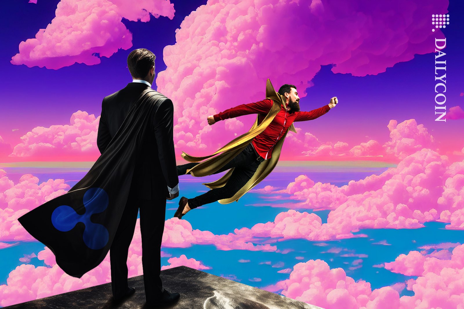 Business man with Ripple cape standing on the edge looking at another man with a cape flying through the sky.