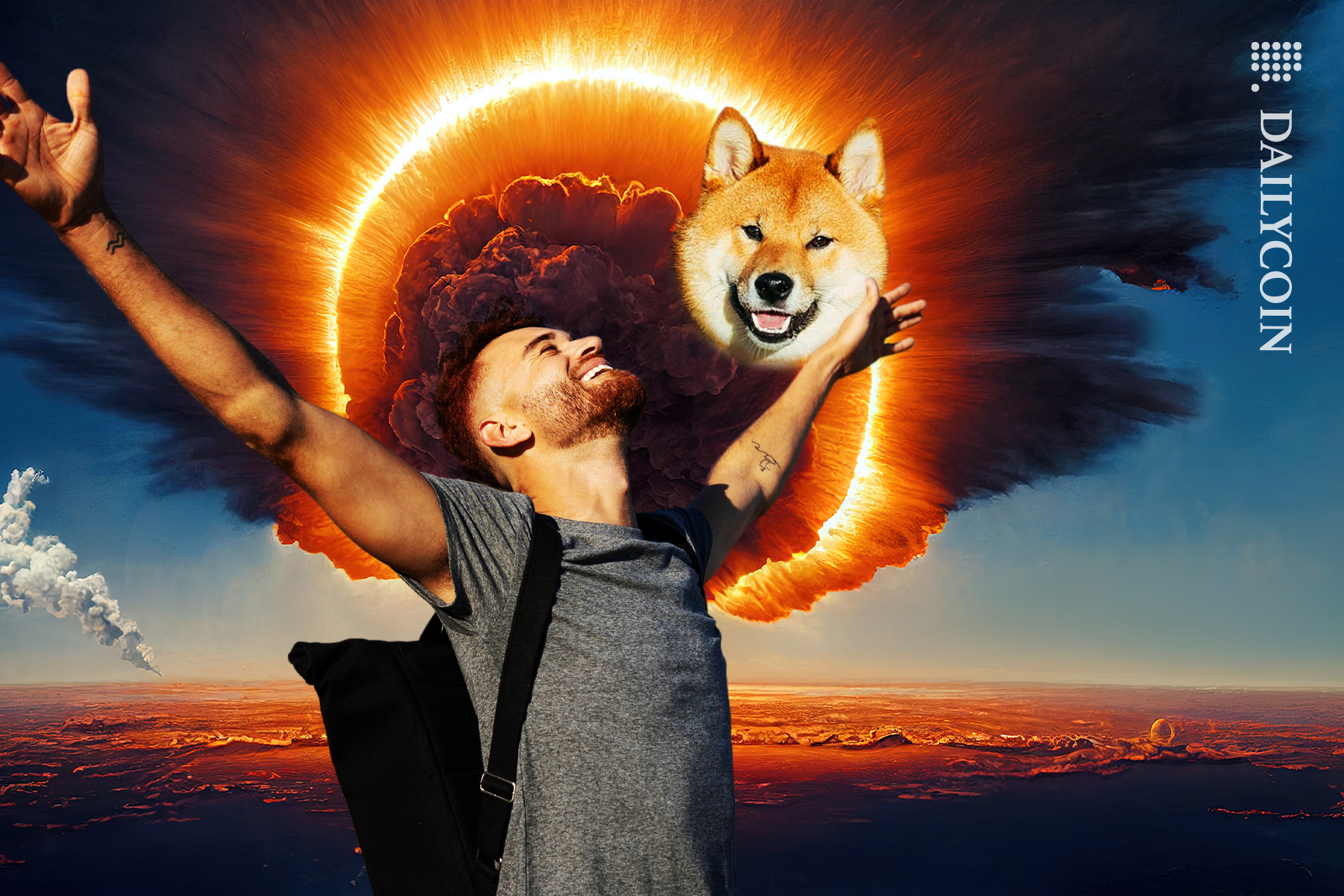 Shiba Inu in an explosion behind a man smiling with his arms out.