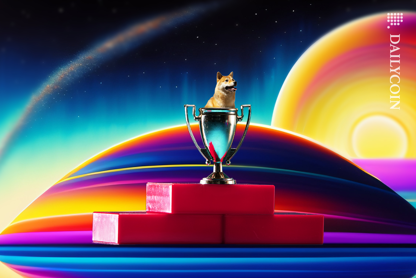 Shiba inu on top of a winners pannel in a trophie.