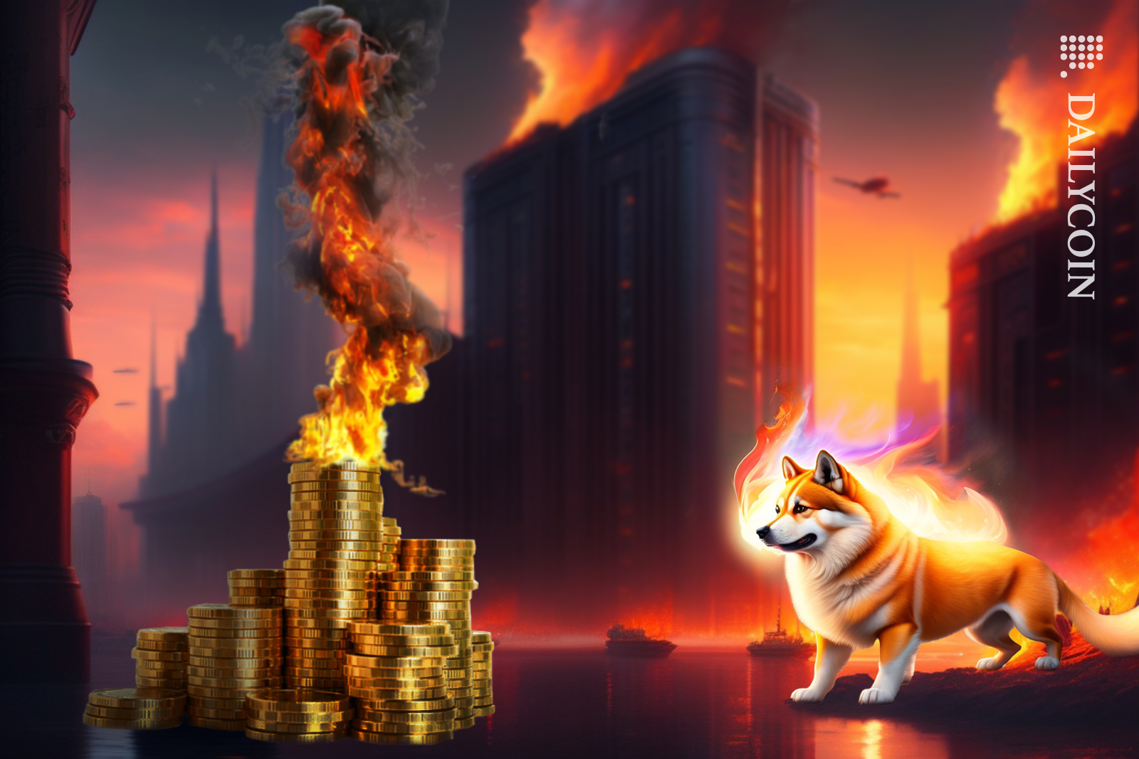 Shiba dog on fire looking over at the burning coins whist being in a city thats also on fire.