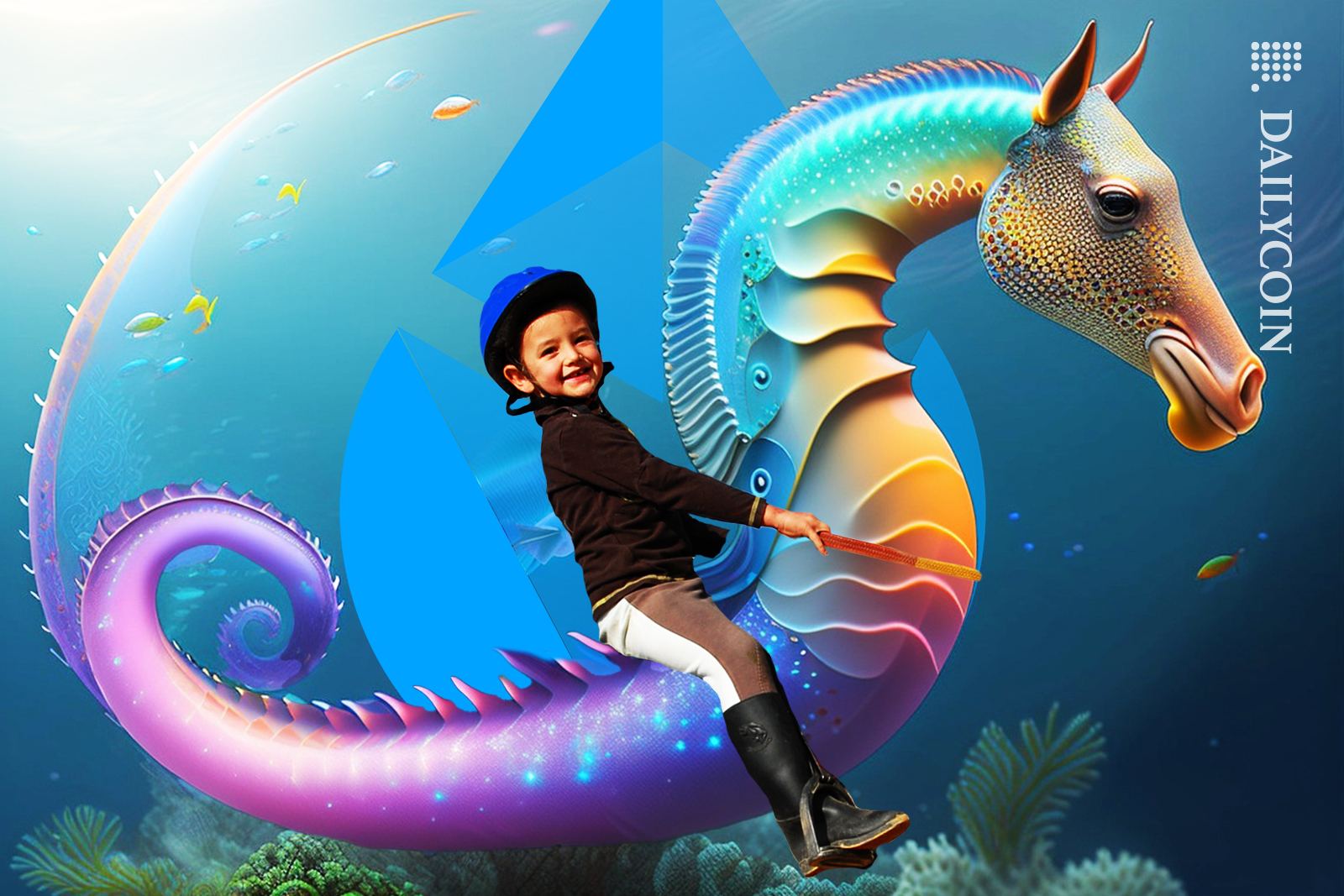Little girl riding a seahorse in the ocean in front of stEth logo.