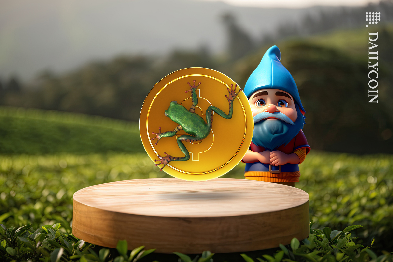 View of a close up grass with a wooden podium and a small dollar coin with tiny frog hovering above it. Behind the podium a gnome is standing and holding his hands together.