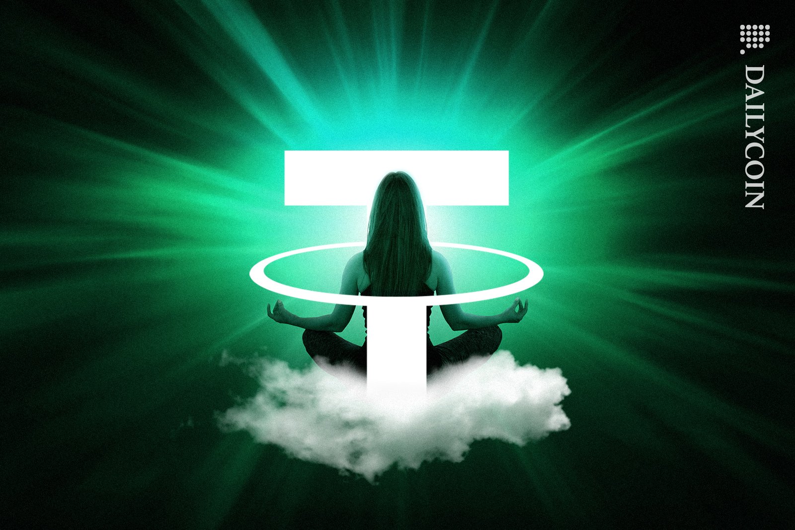 Woman intertwined into the Tether logo sitting on a cloud and meditating with a beam of light in front of her.