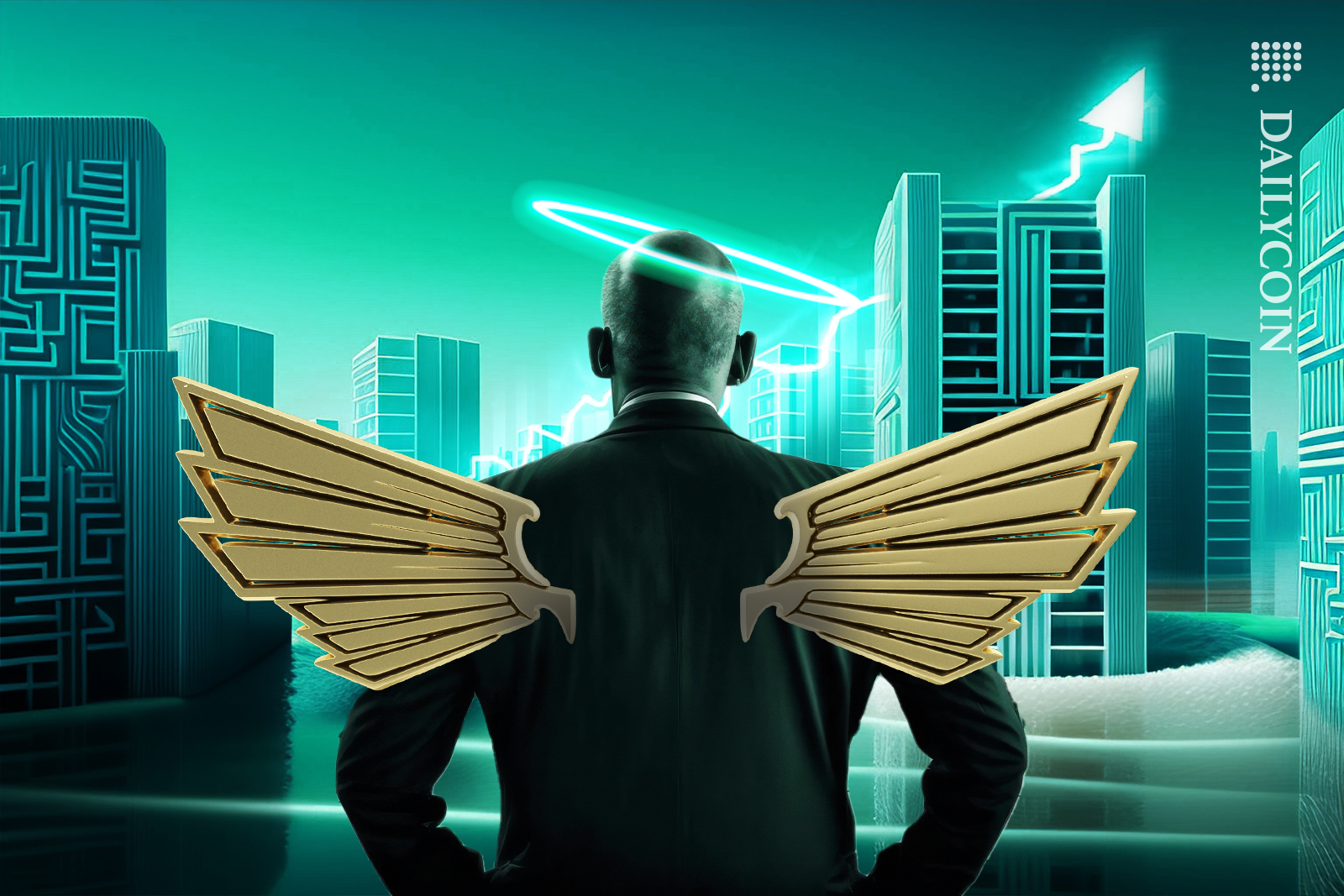 Angel businessman with a halo and wings facing the futuristic city with a neon arrow going up.