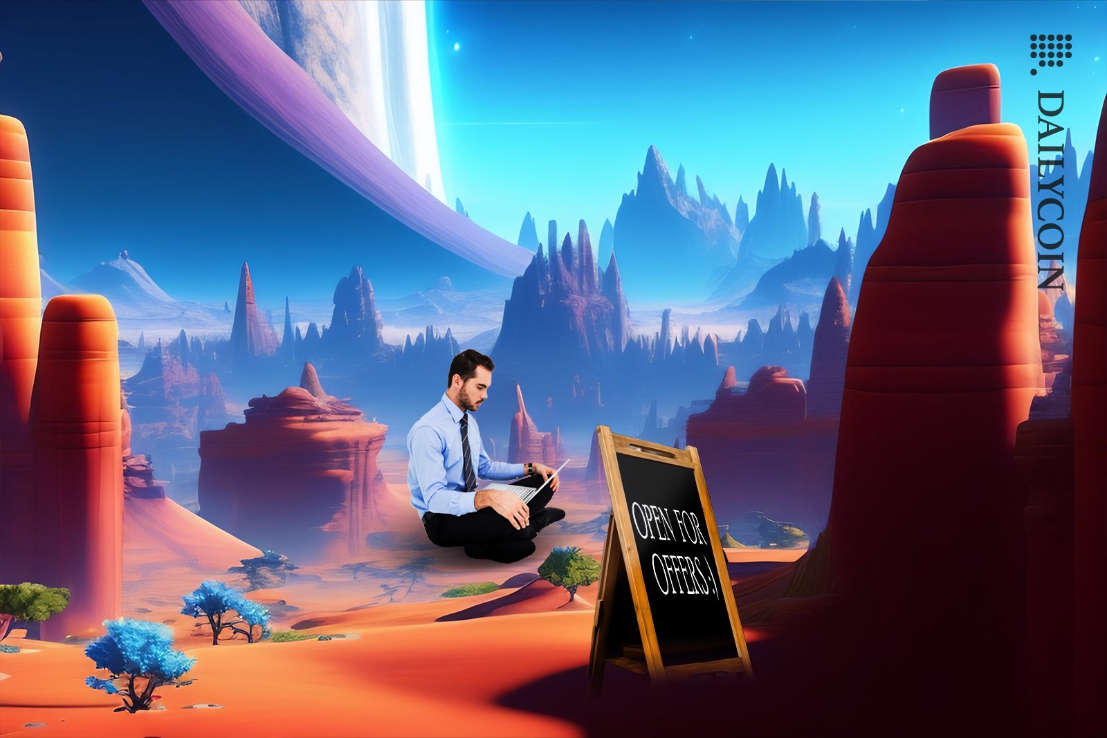 Businessman sitting in beautiful desert land on his laptop in front of ''Open for offers'' sign.