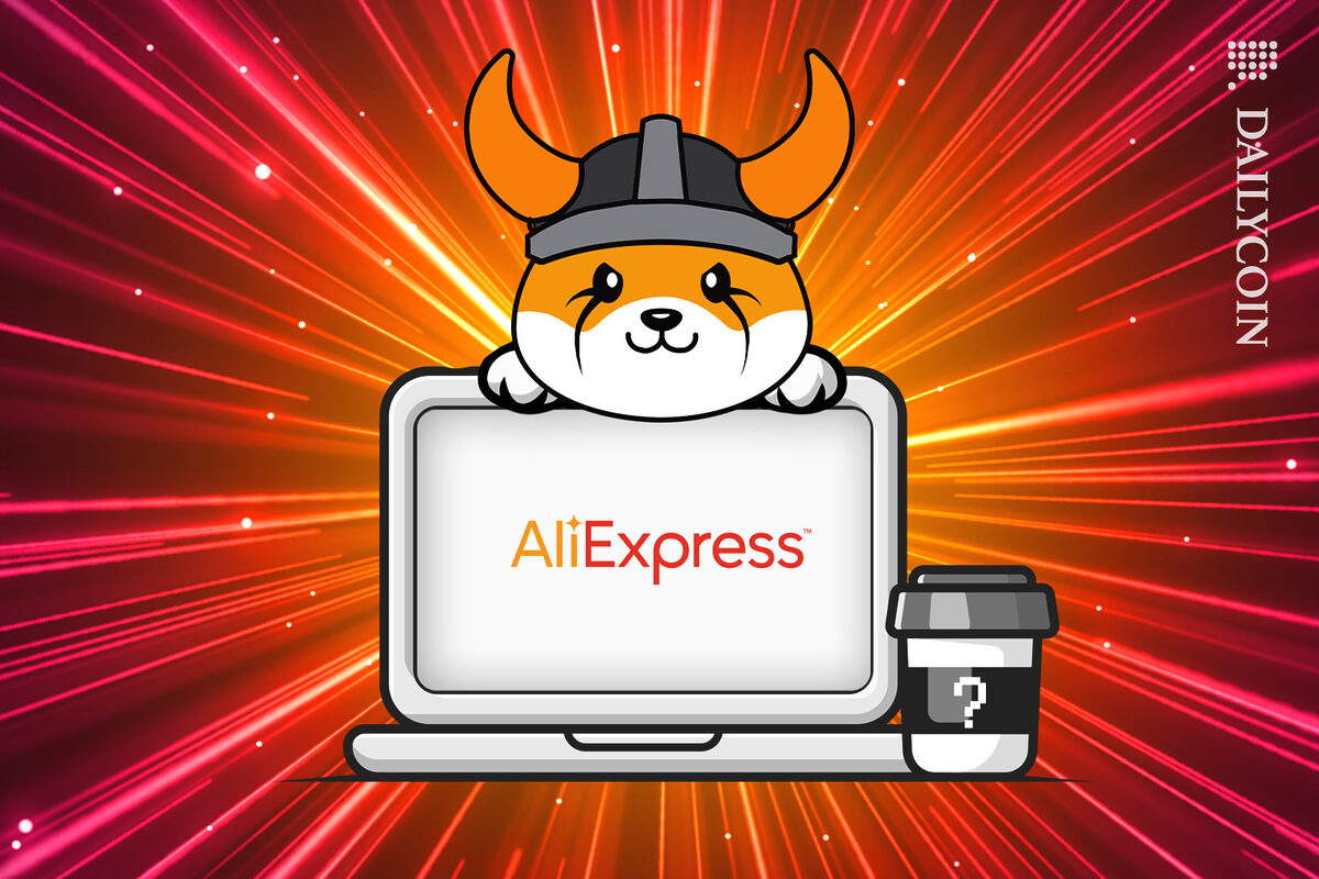 Floki character behind a cartoon laptop with AliExpress homescreen and a beam with sparkles background.