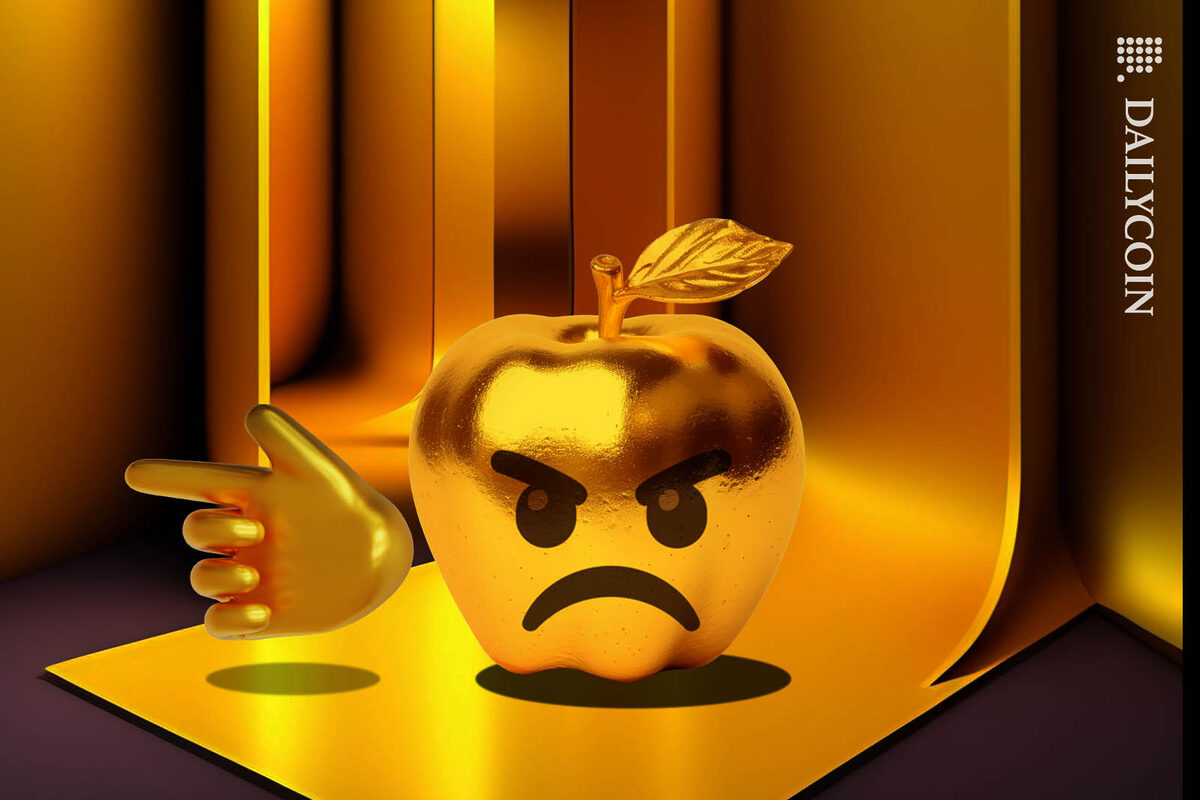 Angry golden apple in a golden room points at the door.