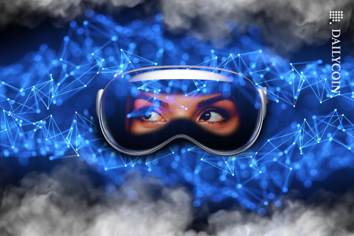 Woman wearing Apple AR glasses looking through a layer of fog and blockchain.