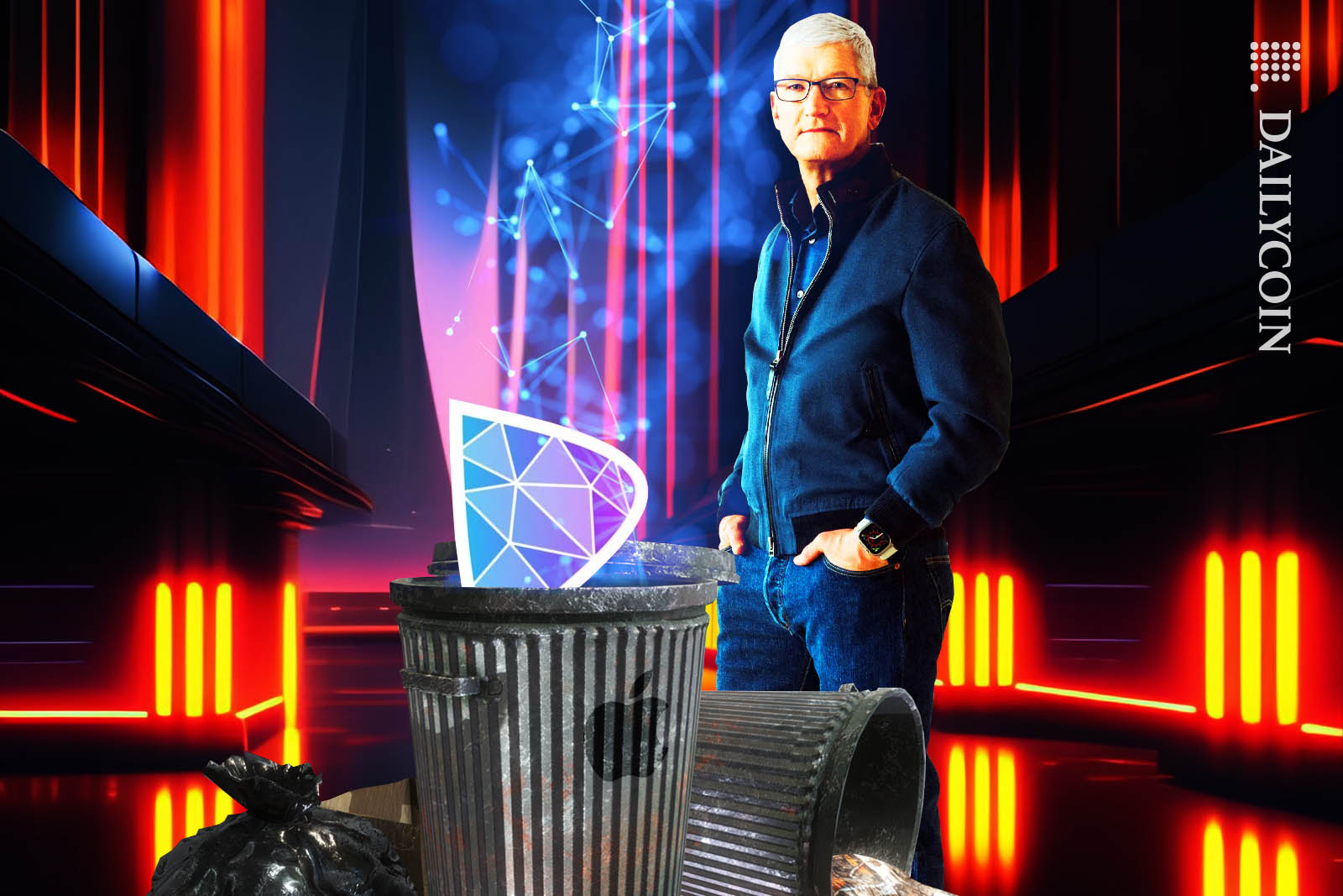 Tim Cook standing next to a pile of trash, with a Damus logo in one of the bins.