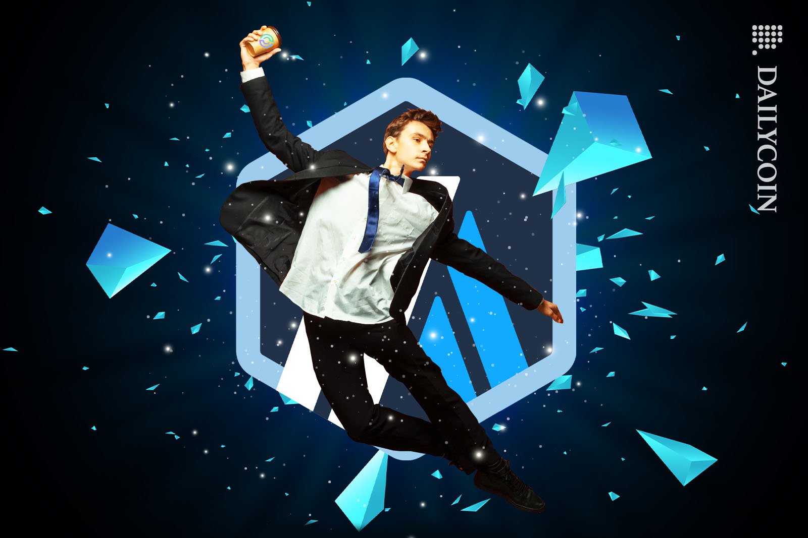 Young man in suit jumping infront of a large Arbitrum logo.