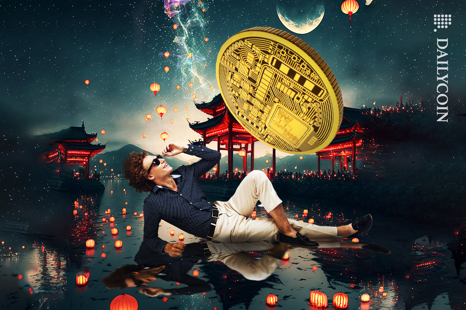 Man in sunglasses surrounded by chinese lanterns looking up to a crypto coin.