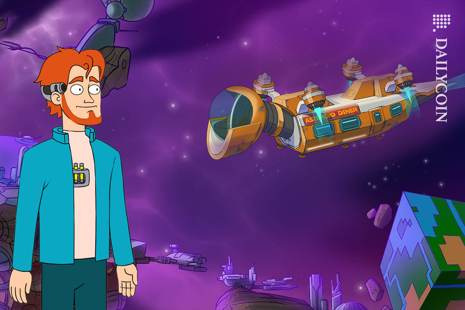 A cartoon man at outer space looking at a spaceship Asteroid Diner.