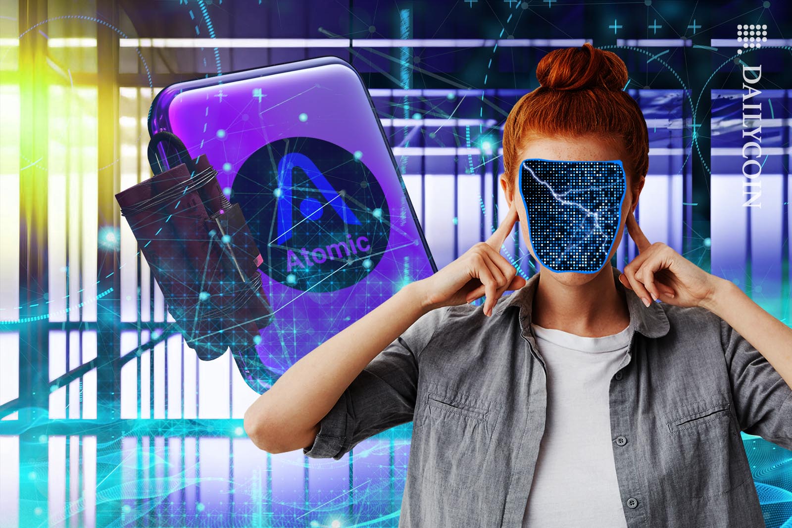 Woman with a digital void for a face, waiting for a bomb to explode on an Atomic Wallet. She has her fingers in her ears in anticipation of the explosion.