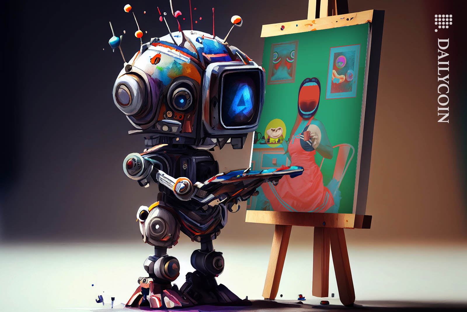 Tiny Atriv robot painting a woman on canvas.