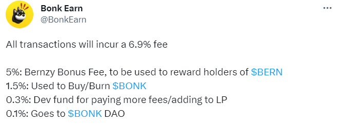 Tweet from Bonk Earn about BERN fee structure.