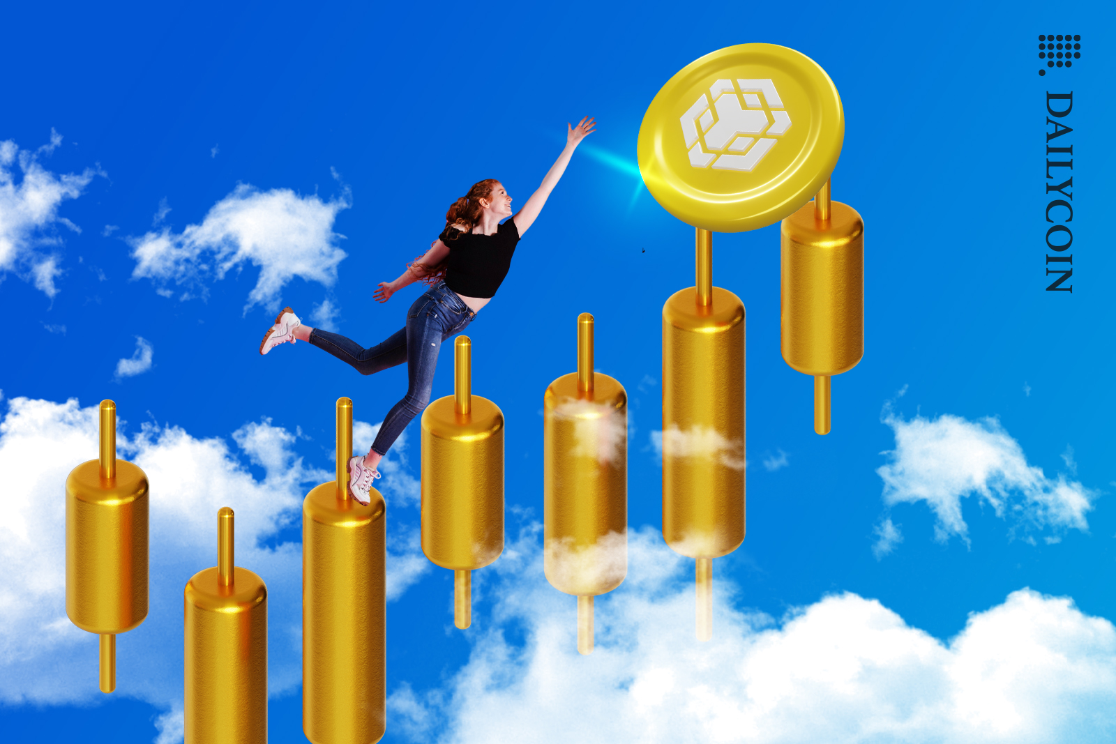 Woman jumping on candlesticks chart reaching for BNB token.