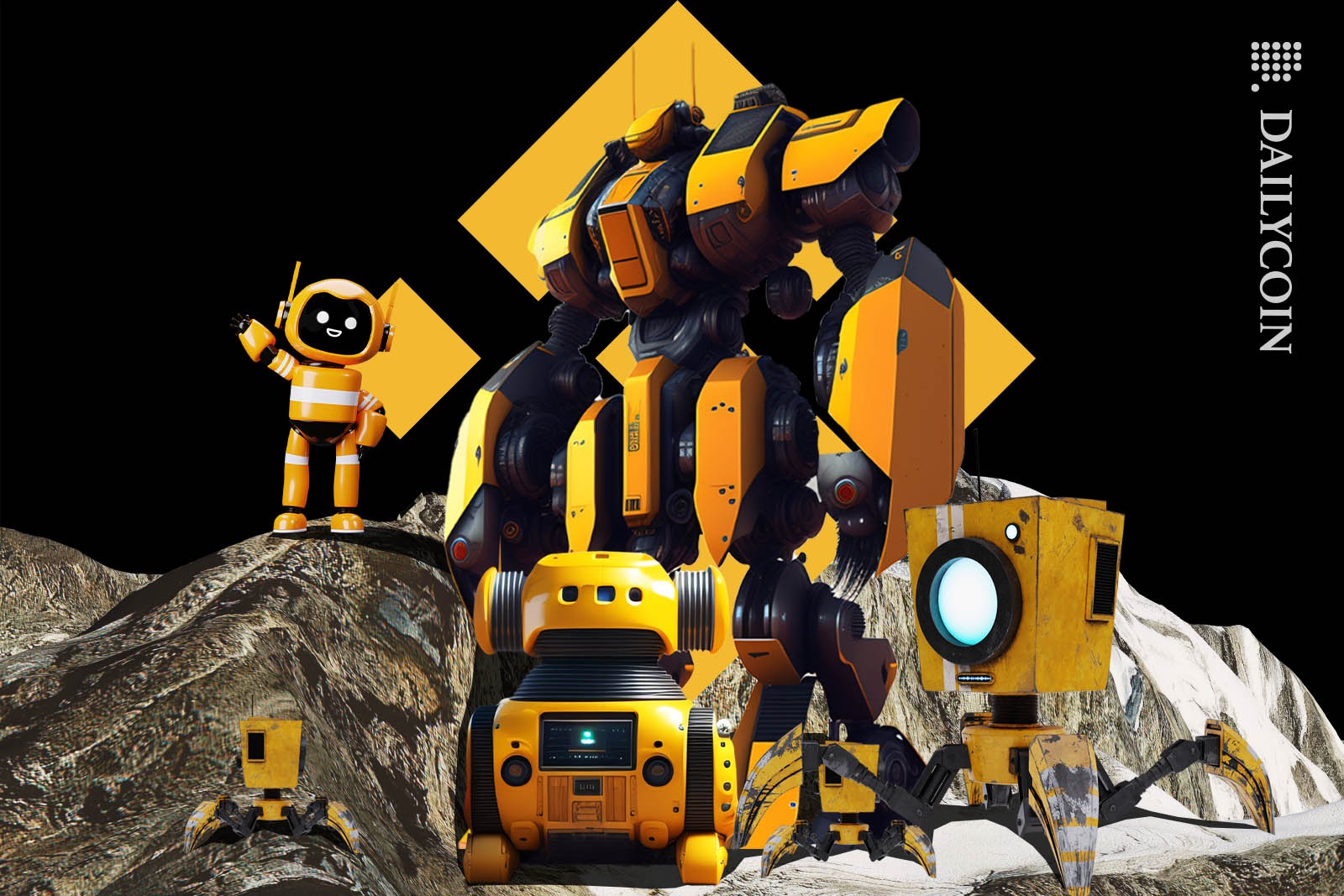 Bunch of yellow robots standing on a montain top infront of a Binance logo.