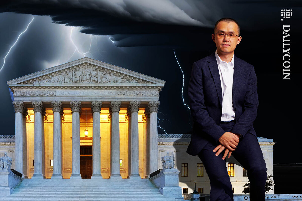 Changpeng Zhao sitting on the Supreme Court Building, with a storm gathering in the background.