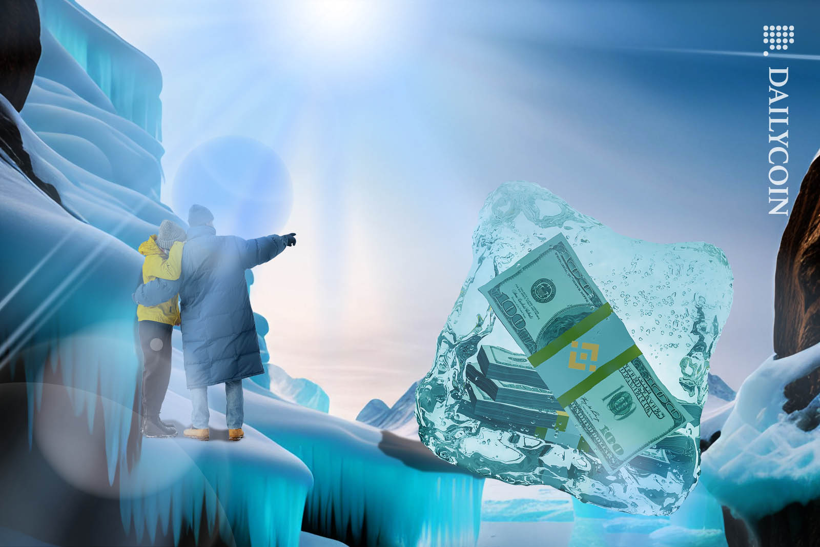 Couple pointing at some money frozen in ice in an icey northern landscape.