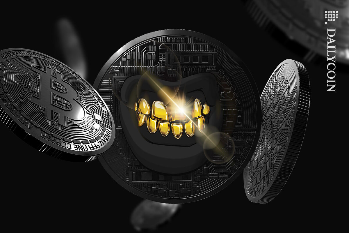 Lots of Bitcoins floating around in an empty dark space, one of them has a golden smile.