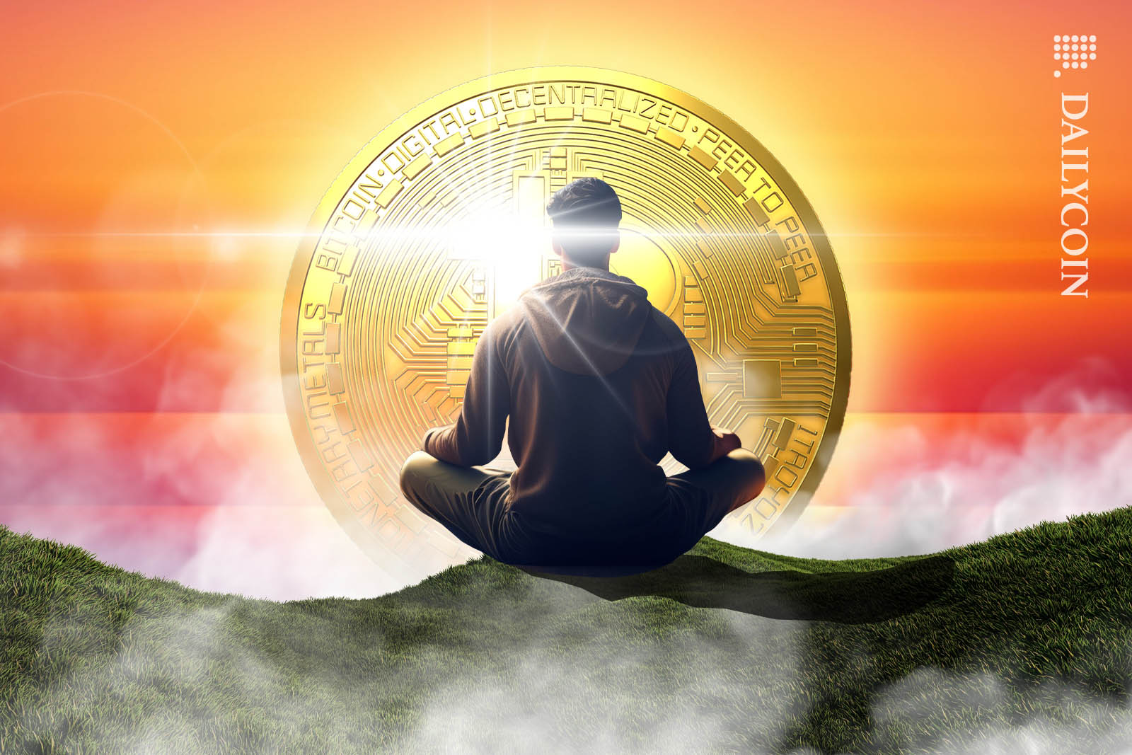 A guy meditating on a hill top watching the sunset of Bitcoin.