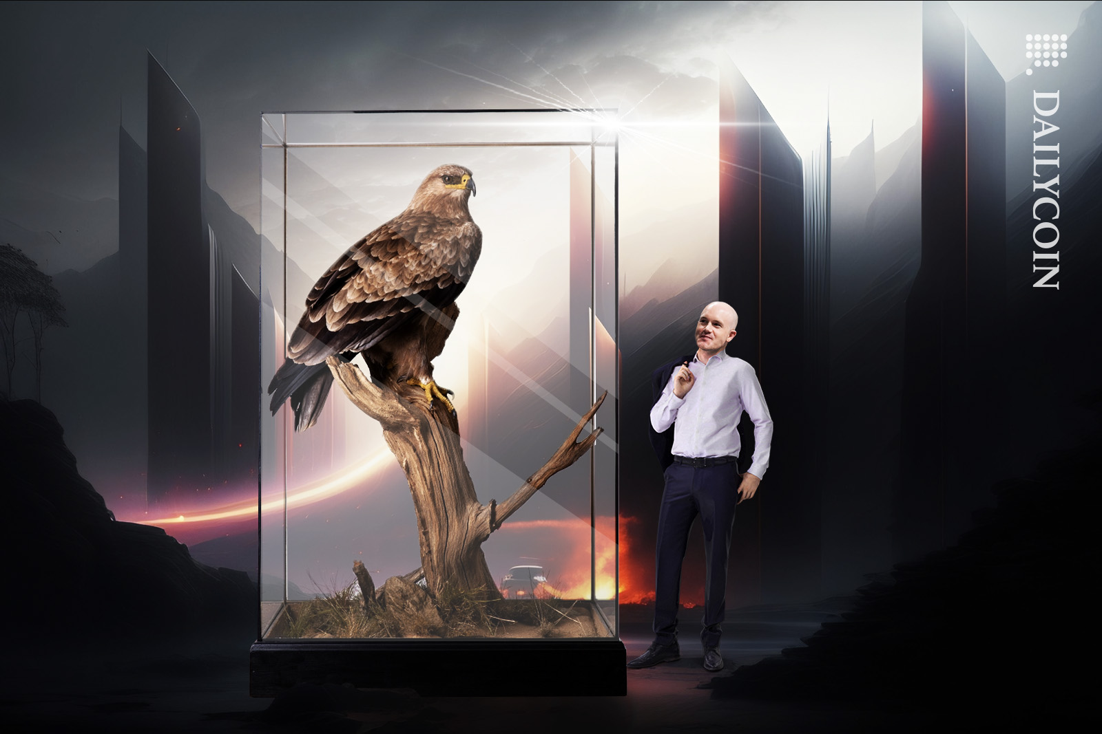 An eagle on a branch being displayed at a futuristic dark city for Brian Armstrong to watch.