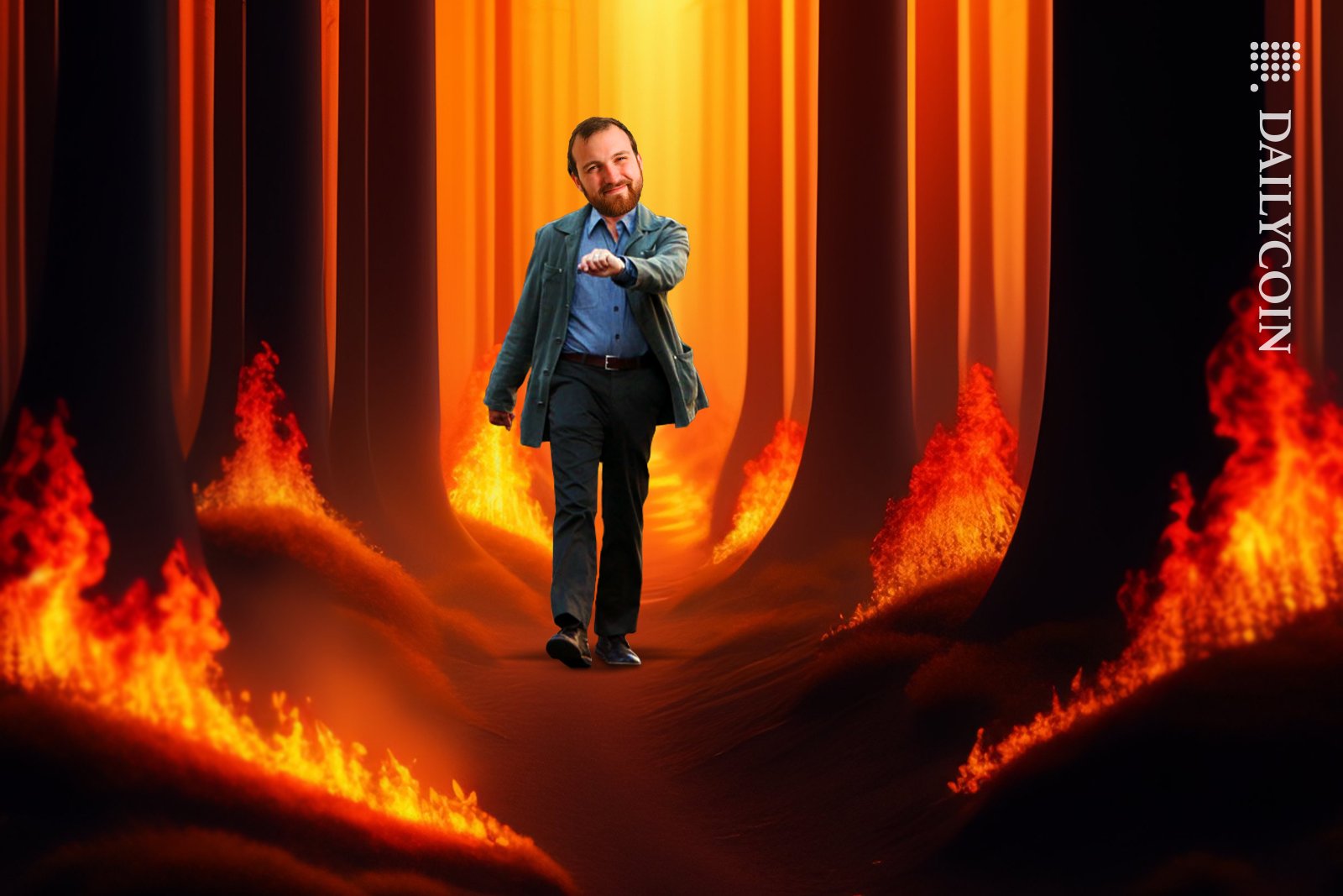 Charles Hoskinson walking out the fire woods looking all smug.