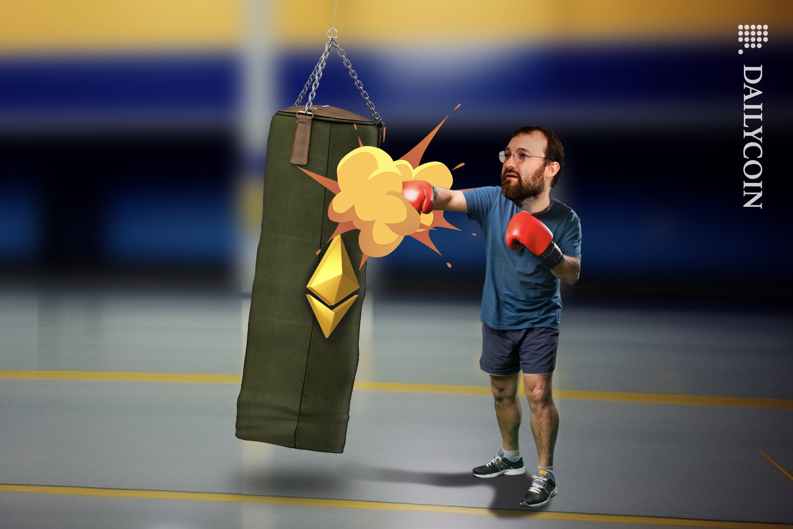 Charles Hoskinson hitting a punching bag with an Ethereum logo on it in an empty gym.