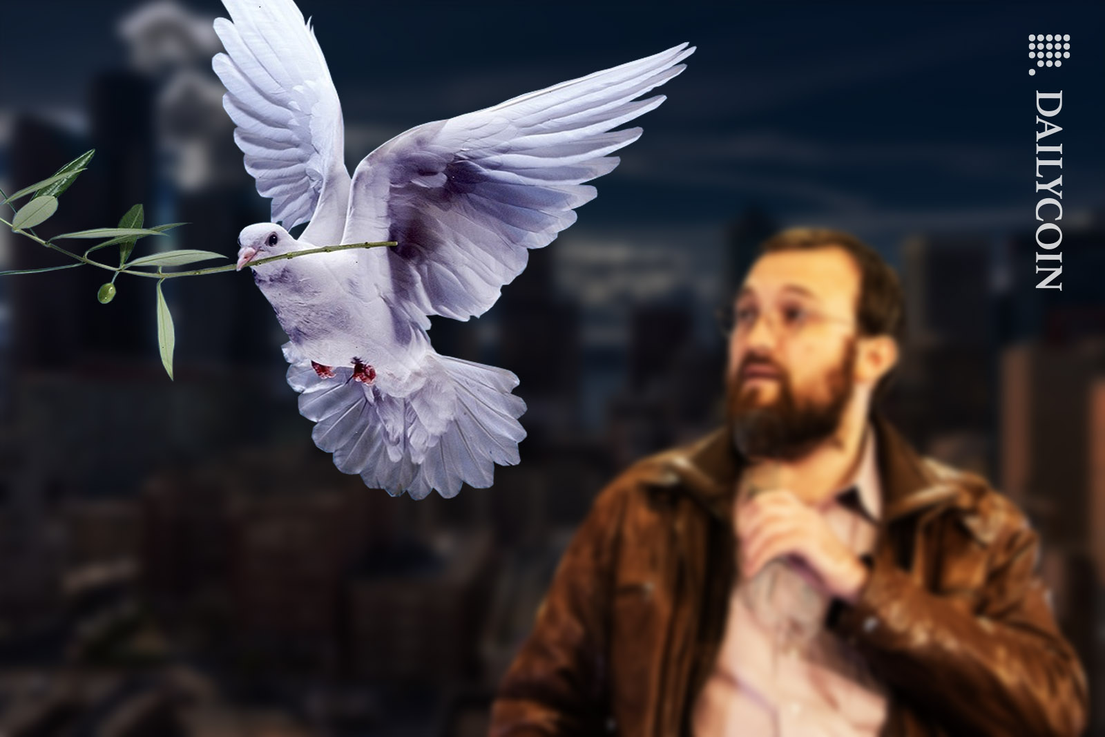 A white dove with an olive branch flying above the city with Charles Hoskinson in the background.